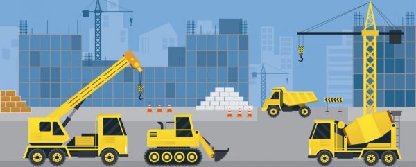 Vetor com máquinas de construção na gestão de logística